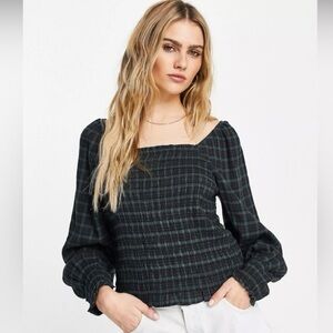 Madewell Lucie Bubble Sleeve Smocked Top in Plaid Forest Green